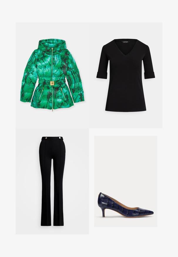 Zelena pufasta jakna s mramornim uzorkom, koja ima suženi struk, džepove sa patentnim zatvaračem i akcent zlatne kopče na remenu.; Crna V-izrez majica s tri četvrt rukavima, s uvrnutim rubovima i glatkom teksturom tkanine. Oznaka glasi "LAUREN."; Crne široke hlače od rastezljivog materijala, s visokim strukom, dva prednja džepa i srebrnim gumbima na struku.; Navy plava, lakirana visoka peta s uskim vrhom i malom, vitkom potpeticom. Sadrži kviltanu teksturu i bez vidljivih metalnih detalja.