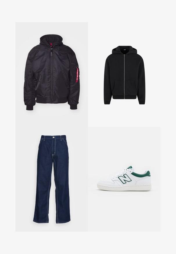 Juodas bomber stiliaus švarkas su nuimamu gobtuvu, užtrauktuku, raukšlėtomis rankovėmis ir šoninėmis kišenėmis. Rankovėje yra raudonas ženklelis kaip detalė.; Juodas zip-up džemperis, pagamintas iš minkštos medžiagos, su gobtuvu, priekinėmis kišenėmis ir giliomis rankovėmis bei apačia. Paprastas dizainas be raštų.; Šviesiai mėlynas dryžuotas ilgomis rankovėmis marškinis su mygtukais. Yra tradicinis apykaklė, balti mygtukai ir lygus medvilnės mišinio audinys.; Tamsiai mėlynos džinsinės kelnės su plačiomis kojomis, turinčios aukštą juosmenį, priekiniais kišenėmis ir kontrastinga balta siūle palei siūles.; Balti sportiniai bateliai su žaliais akcentais, odinis viršus, perforuota kojų dalis, raištelių uždarymas ir tekstūruotas gumos padas. Savybėje yra ryškus "N" logotipas.