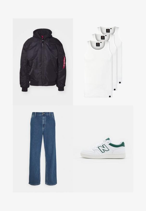 Jachetă bomber neagră cu glugă detasabilă, închidere cu fermoar, manșete ribbate și buzunare laterale. Prezintă o etichetă roșie pe mânecă pentru detalii.; Trei maieuri albe ribbate din bumbac. Au un guler rotund și etichete negre mici lângă tiv. Disponibile în mai multe mărimi.; Jeans din denim albastru cu o croială dreaptă, design cu cinci buzunare, sistem de închidere cu nasture metalic și cusături vizibile de-a lungul cusăturilor și a tivului.; Adidași albi cu accente verzi, superior din piele, vârf perforat, închidere cu șireturi și talpă din cauciuc texturat. Prezintă un logo proeminent "N".