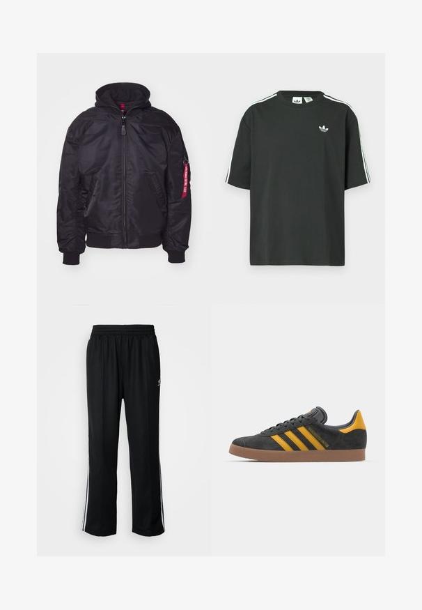 Crna bomber jakna s odvojivom kapuljačom, zatvaranjem na cipzar, rebrastim manžetama i bočnim džepovima. Ima crvenu oznaku na rukavu za detalje.; Crna pamučna majica kratkih rukava, s okruglim izrezom i bijelim detaljima u obliku triju pruga na ramenima. Na prsima se nalazi mali bijeli logotip.; Crne sportske hlače s elastičnom trakom oko struka, s bijelim bočnim prugama i malim logotipom. Materijal izgleda mekan i lagan.; Crne nubuk tenisice s žutim detaljima, sa tri pruge i smešnim gumenim potplatom. Imaju jastučić na jeziku za udobnost.