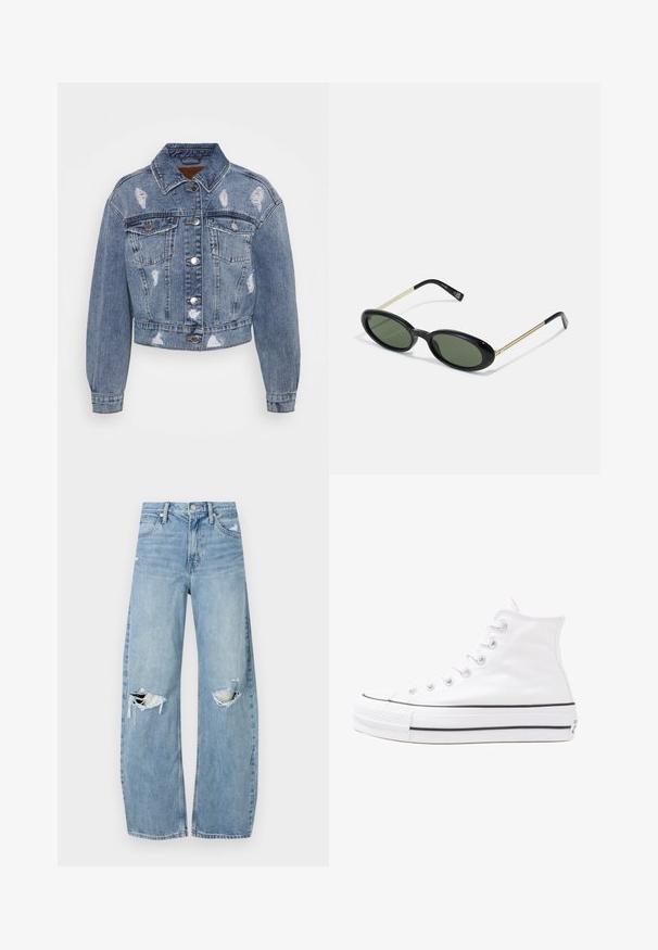 ONLY ONLMALIBU JACKET - Farkkutakki - medium blue denim; Musta pitkähihainen bodysuit, jossa on korkea kaula-aukko, kiinteä kangas vartalolla ja läpinäkyvät verkohihat, muotoiltu tiukaksi.; Vaaleansiniset, korkeavyötäröiset farkut, jotka on valmistettu denimmateriaalista. Ominaisuuksiin kuuluvat leveät lahkeet, kaksi revittyä polvialuetta ja klassinen viiden taskun tyyli.; Valkoiset korkeavartiset kangaskengät mustalla kumipohjalla, edessä kuminen varvasosa ja kuusi nauha-aukkoa, puhtaan minimalistisella muotoilulla.; Aurinkolasit ovaalinmuotoisella kehykset, joissa on vihreät linssit, musta muovinen etuosa ja ohuet kultaiset metalliset tempurit. Yksinkertainen muotoilu, jossa on sileä pinta.