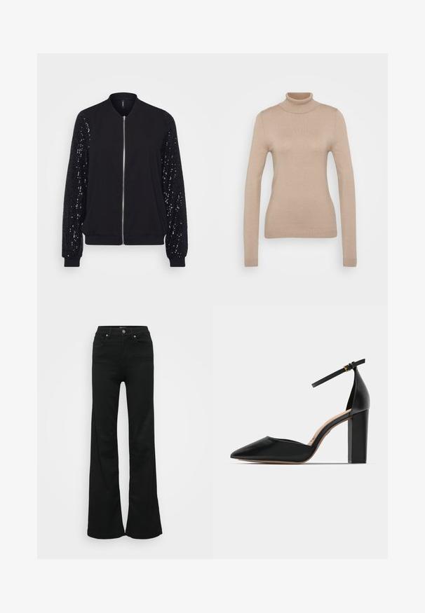 Melnā bumbieru jaka ar priekšējo rāvējslēdzēju, kurai ir viendabīga auduma korpuss un spīdīgas piedurknes. Ar teksturētu virsmu, elastīgām aprocēm un apakšmalu.; Bežs augstais kakls džemperis, kas izgatavots no mīkstas dzijas. Tam ir garas piedurknes, pieguļoša piegriezuma un ribota apkakle un apakšmala.; Melnas flared džinsas, izgatavoti no denima, ar augstu jostasvietu, piecām kabatām un metāla pogu aizdari. Gluda tekstūra ar minimālu apdari.; Melnas ādas augstpapēžu kurpes ar potītes siksniņu, norādītu purngalu un kvadrātveida biezu papēdi. Gluda tekstūra ar minimālistisku dizainu.