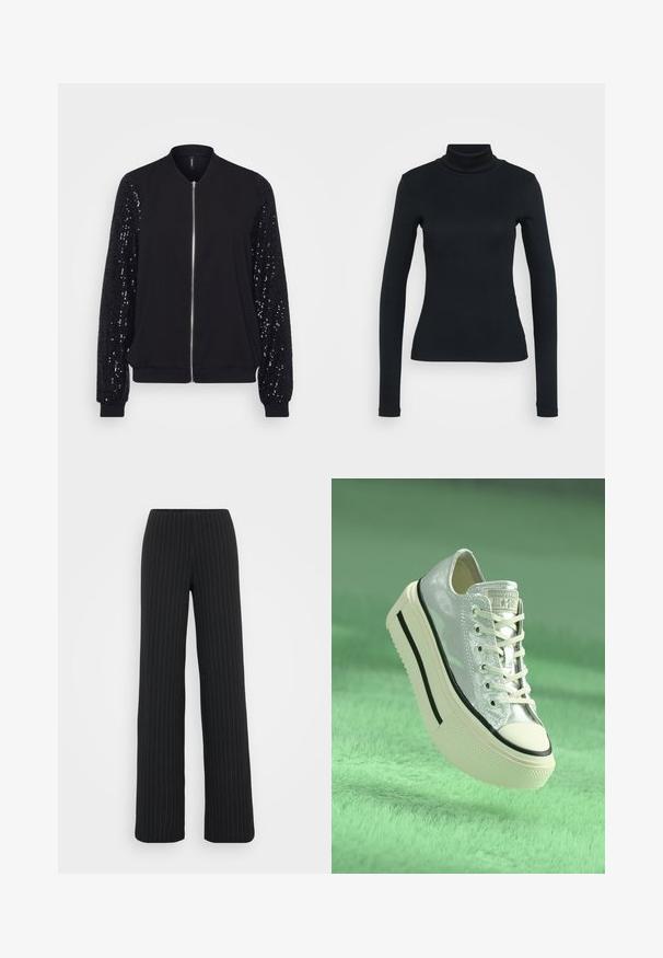 Čierna bomber bunda s predným zipsom, s telom z pevného materiálu a rukávmi pokrytými flitrami. Textúrovaná, s elastickými manžetami a spodným okrajom.; Čierny dlhý rukáv rebrovaný rolák s priliehavým strihom na svetlom jednoliatom pozadí.; Vero Moda Tall VMBERLIN MY WIDE - Nohavice - obsidian/oatmeal; Metalické strieborné tenisky s platformovou podrážkou, bielymi šnúrkami a čiernymi akcentmi. Majú zaoblenú špičku a texturovanú gumovú podošvu.