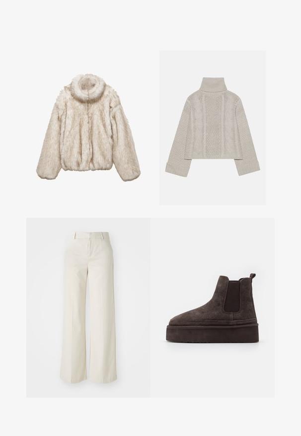 Béžový kabát z umělé kožešiny s vysokým límcem, zipem a nadýchanými rukávy. Měkká textura s plyšovým, huňatým vzhledem.; Zkrácený svetřík v světle šedé barvě z pleteniny s vysokým límcem a žebrovanými manžetami, se strukturovanými kabelovými vzory na zádech a bocích.; Kalhoty s širokými nohavicemi v jasně béžové barvě, vyrobené z hladkého materiálu. Mají klasický pas a plochý přední díl s čistými liniemi.; Hnědé semišové Chelsea boty s elastickými bočními panely a silnou, texturovanou platformovou podrážkou. Obsahují poutko na patě pro snadné obouvání.