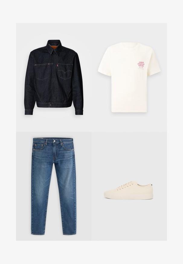 Dark denim jacket with a front zipper, two chest pockets, and a collar. Features contrasting stitching and a branded label on the left pocket.; White short-sleeve T-shirt with red text "Studio Originals Edition" on left chest, displayed on a neutral gray background.; Blue denim jeans with a classic five-pocket design and slight fading on thighs and knees, displayed flat against a light background.; Beige canvas sneakers with round toe, flat rubber sole, and lace-up front. Features minimal design and a contrasting black accent at the heel.