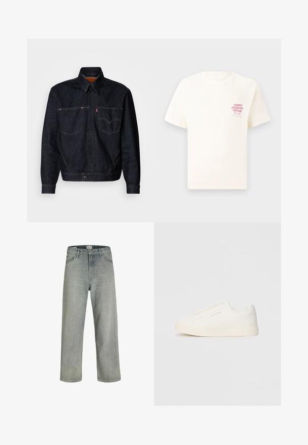 Tamsiai mėlynas džinsinis švarkas su priekiniu užtrauktuku, dviem krūtinės kišenėmis ir apykakle. Taip pat turi kontrastingą siuvinėjimą ir prekės ženklą kairėje kišenėje.; Balta trumpa rankovėmis marškinėliai su raudonu užrašu "Studio Originals Edition" kairiajame krūtinės šone, rodomi neutralioje pilkoje aplinkoje.; Šviesiai pilkos, laisvai krentančios džinsinės kelnės. Turi klasikinį penkių kišenių dizainą, diržo kilpas ir tiesius kojų siluetus.; Baltos slip-on sportbačiai su tekstūruota paviršiumi, storesniu padu ir minimalistišku dizainu. Šone matosi prekės ženklo logotipas.