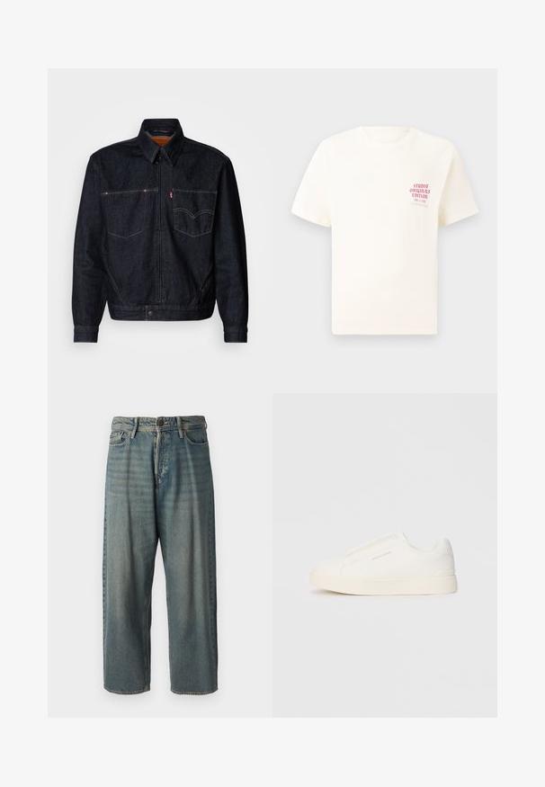 Dark denim jacket with a front zipper, two chest pockets, and a collar. Features contrasting stitching and a branded label on the left pocket.; White short-sleeve T-shirt with red text "Studio Originals Edition" on left chest, displayed on a neutral gray background.; Light blue denim jeans with a loose fit, mid-rise waist, and straight legs. Features five pockets, belt loops, and a button closure.; White slip-on sneakers with a textured surface, a thick sole, and minimalistic design. Features brand logo on the side.