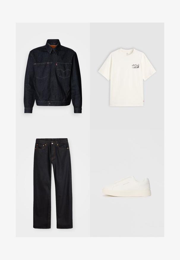 Giacca di jeans scuro con zip frontale, due tasche sul petto e colletto. Presenta cuciture a contrasto e un'etichetta del marchio sulla tasca sinistra.; T-shirt bianco a maniche corte in cotone, con una grafica nera sul lato sinistro del petto con la parola "Fresh."; Jeans neri in denim dritto da uomo con cinque tasche e cuciture arancioni, chiusura con bottone e zip sulla vita anteriore.; Sneakers bianchi slip-on con superficie texturizzata, suola spessa e design minimalista. Presentano il logo del marchio sul lato.