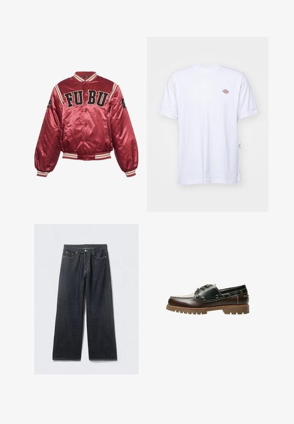 Rdeča satenska bomber jakna z rebrastimi manšeti in robom. Vezena FUBU logo spredaj; črni detajli in črtasti vzorec na rokavih.; Bela bombažna majica s kratkimi rokavi in V-izrezom. Ima majhen barvni vezen logotip na levem prsnem delu. Mehka tekstura.; Temno modre široke jeans hlače z višjim pasom, opremljene s polkrožnimi zakovami v bakreni barvi in kontrastnim šivom, gladke teksture in brez vidnih vzorcev.; Rjavi in črni usnjeni čevlji za čoln z vezalkami, kontrastnim šivom in teksturirano gumijasto podplatom. Imajo kovinske obroče in zaobljen prst.