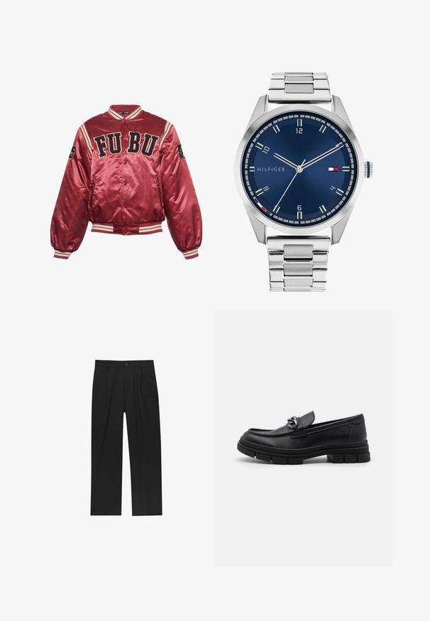 Červená saténová bomber bunda s rebrovanými manžetami a lemom. Vyšívané logo FUBU na prednej strane; čierne akcenty a pruhované detaily na rukávoch.; Sada ôsmich čiernych bavlnených tričiek s krátkymi rukávmi a okrúhlym výstrihom, s jednoduchým dizajnom a jemnou textúrou.; Čierne nohavice s rovnými nohavicami, vyrobené z hladkej tkaniny. Majú predné puky a jediné gombíkové zapínanie v páse.; Čierne kožené mokasíny s okrúhlym špičkou, dekoračným pásikom a kovovými prvkami, a robustnou textúrovanou podrážkou. Hladký povrch s jemnými detailami.; Strieborné kovové hodinky s brúseným modrým ciferníkom, bielymi indexmi a zobrazením dátumu. Majú prepojený kovový remienok a logo značky.