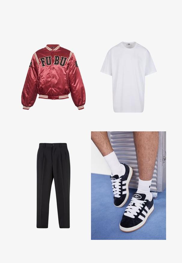 Röd satin bomberjacka med ribbade muddar och nederkant. FUBU broderad logotyp på framsidan; svarta detaljer och randigt mönster på ärmarna.; Vit bomull t-shirt med korta ärmar, rundad halsringning, avslappnad passform och utan synliga logotyper eller mönster. Slät textur och minimal design.; Svarta byxor med plisserad design framtill, tillverkade av slätt tyg. Har en knappstängning och bälteshällor; rak passform.; Svarta mockaskor med vita snören och tre vita ränder. Har en rund svart logotyp på tungan och en gumminnedgummisula.