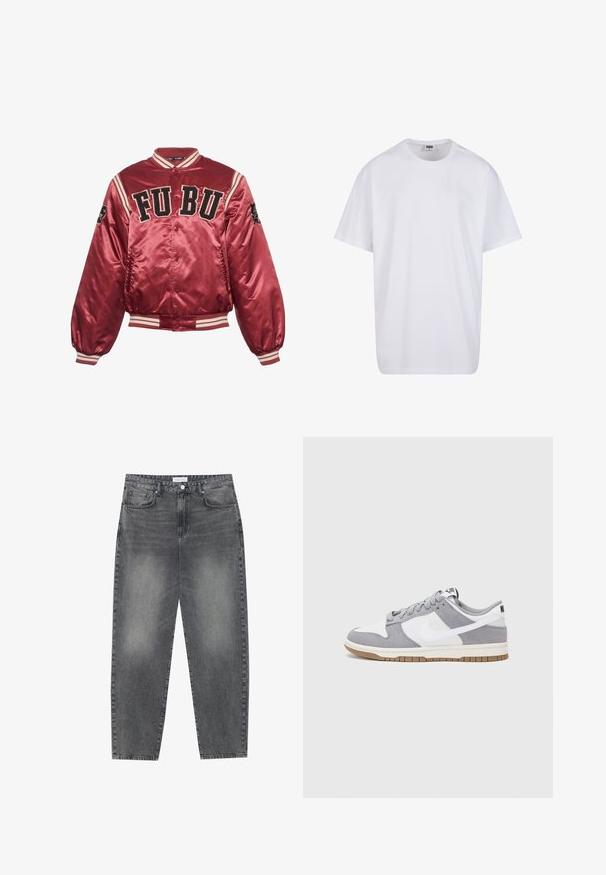 Rød sateng bomberjakke med ribbede mansjetter og kant. FUBU brodert logo på forsiden; svarte detaljer og stripete dekorasjon på ermene.; Hvit bomull t-skjorte med korte ermer, rund utringning, avslappet passform, og ingen synlige logoer eller mønstre. Glatt tekstur og minimalistisk design.; Høyt liv, løstsittende jeans i falmet svart denim. Har fem lommer, beltehemper og et rent, rett ben-design.; Grå og hvite sneakers med overdel i semsket skinn og lær, rund tå, flate lisser, og gummisåle med gummibelegg.