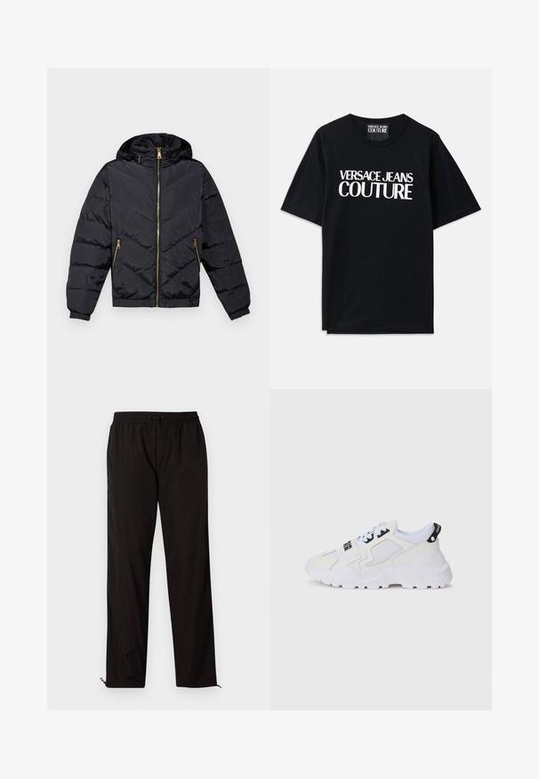 Juodas pūkuotas džemperis su gobtuvu, su auksiniais užtrauktukais ir chevrono raštų siuvinėjimu. Elastingos rankogaliai ir apatinė dalis užtikrina tvirtą prigludimą.; Juoda medvilninė marškinėliai su trumpomis rankovėmis, ant priekinės dalies su dideliais baltais užrašais "VERSACE JEANS COUTURE". Klasikinio apvalaus kaklo dizainas.; Juodos lengvos kelnės su elastingu juosmeniu, raišteliu ir užtrauktukais apačioje, kad būtų galima pritaikyti dydį. Lygus, glotnus paviršius.; Baltos sportinės kedai su tinkleliu viršuje, storu padu ir juodomis detalėmis bei atspaustu prekės ženklu. Tekstūruotas ir struktūruotas dizainas.