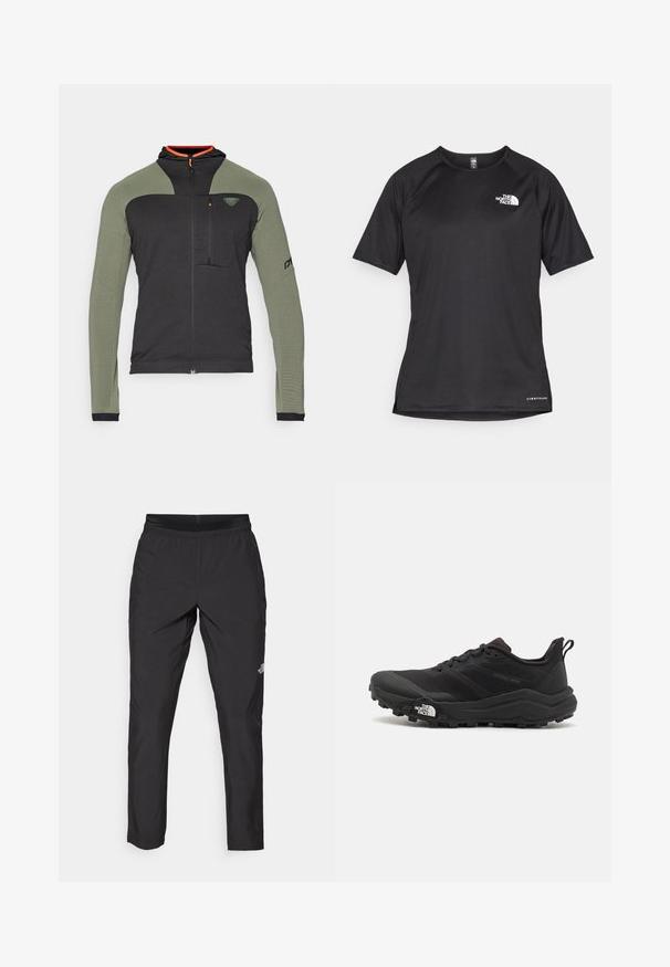 Dynafit SPEED HOODED - Flisinė striukė - thyme; Juoda trumpa rankovė atletinė marškinė, pagaminta iš tekstūruotos medžiagos, su baltu logotipu kairėje krūtinės pusėje ir tiesiu apdailos kraštu.; Juodi sportiniai kelnių paspaudimai su elastinga juosta, pagaminti iš lengvo audinio, su mažu logotipu ant apatinės kojos ir tiesia kojos dizainu.; Juoda bėgimo batai su tekstūruotu paviršiumi, guma padais ir sustiprinta pirštų dalimi. Yra paminkštinta apykaklė ir kilpos, leidžiančios lengvai užsidėti.