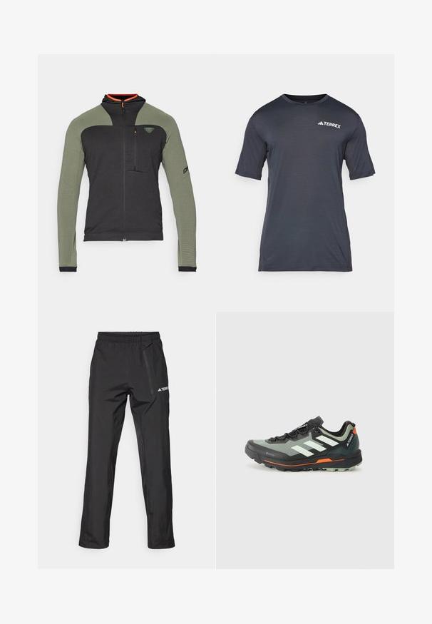Dynafit SPEED HOODED - Fleecejacka - thyme; Mörkgrå t-shirt med kort ärm, tillverkad av lätt och andningsbart material. Har rund hals och en vit "TERREX"-logotyp på framsidan.; Svarta vattentäta byxor gjorda av lätt tyg, med en elastisk midja och sidoficka med dragkedja. Enkel, skräddarsydd design.; Lättviktig terränglöparskor med grå och svart mesh-ovandel, orangea accenter och en robust sula för bra grepp. Vattentät Gore-Tex-fodring.