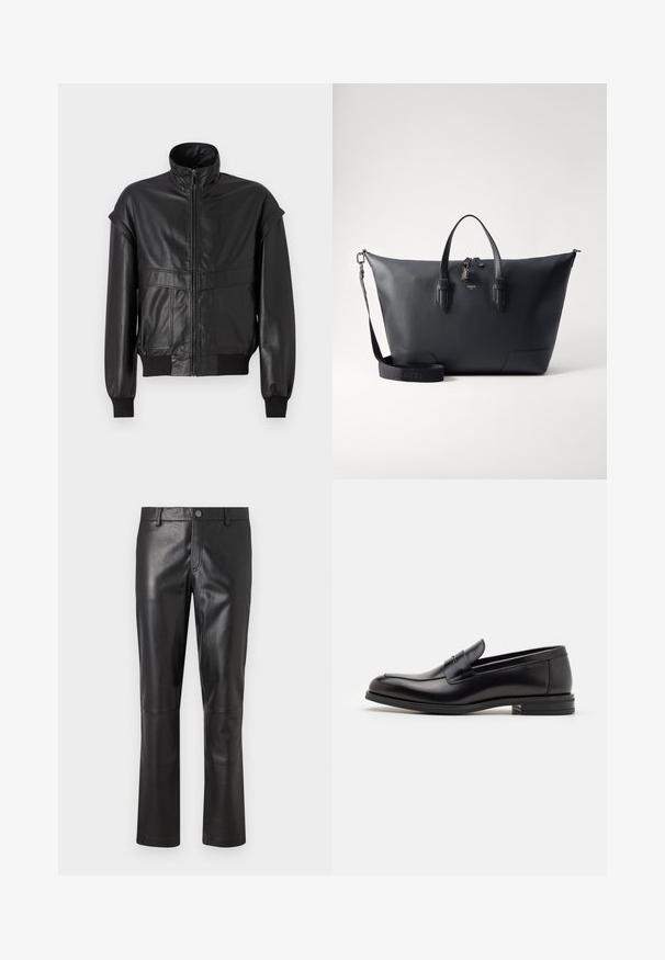 Sort læderjakke med høj krave, lynlåslukning foran og elastiske manchetter. Har brede skuldre og to frontlommer, struktureret overflade.; Hvid langærmet termotop med ribbet tekstur, crew neck og kantede manchetter. Rent design uden mønstre eller yderligere detaljer.; Sorte læderbukser med en glat overflade, lige ben-design og diskrete stikninger langs sømmene. Har en knaplukning i taljen.; Sorte læderloafers med en glat overflade, rund tå og en dekorativ strop over vampen. Lav hæl med stabeldesign, minimalistisk stil.; Lancel CHARLIE UNISEX - Attachetasker - black