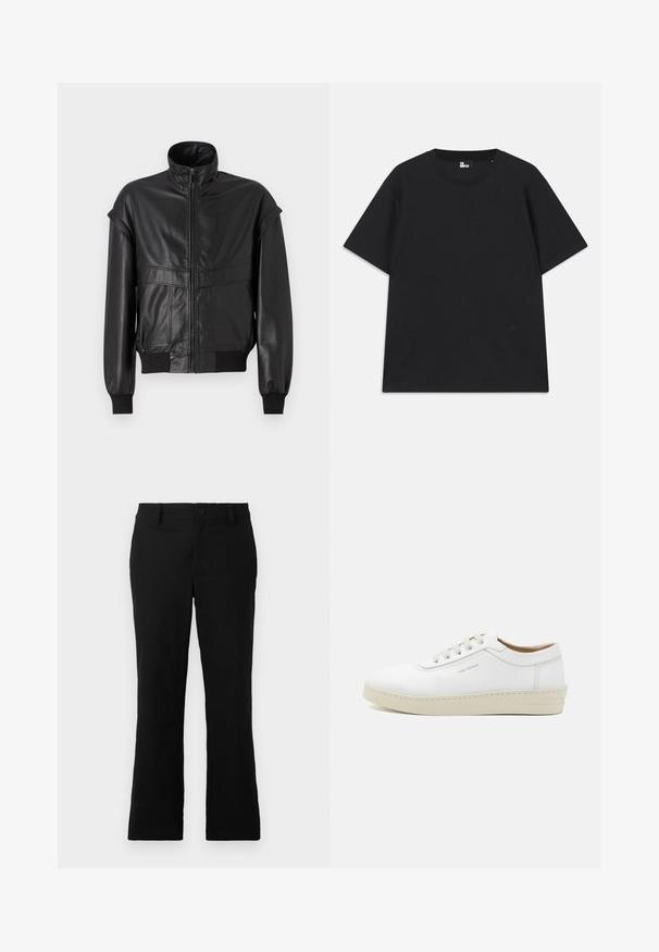 Crna kožna jakna s visokim ovratnikom, patentnim zatvaračem sprijeda i elastičnim manžetama. Ima široka ramena i dva prednja džepa, s teksturiranim finišem.; Crna kratkotrajna majica s kratkim rukavima od pamuka, s okruglim izrezom i malim logotipom blizu rubova. Glatka tekstura, klasičan kroj.; Crne trapezaste hlače od mješavine pamuka, sa kopčanjem na dugme, petljama za pojas i glatkom teksturom bez vidljivih uzoraka.; Bijele kožne tenisice s teksturiranim finishom, okruglim vrhom, bež gumiranim potplatom i šest sivih rupica za vezice, koje imaju suptilni branding sa strane.