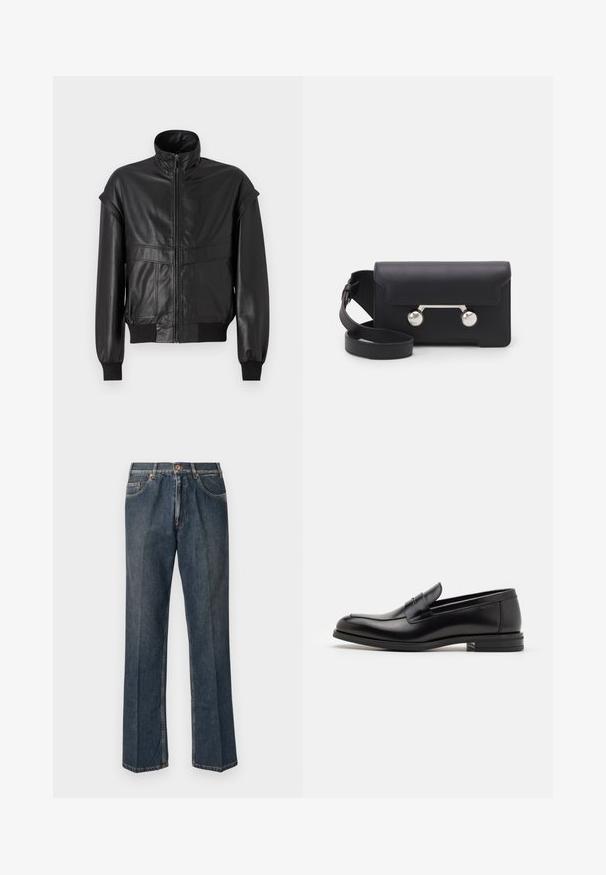 Black leather jacket with a high collar, zip front, and elastic cuffs. Features wide shoulders and two front pockets, textured finish.; Navy blue short-sleeve T-shirt with white text "neanche per sogno" centered on the chest, crew neck, medium size.; Dark blue straight-leg denim jeans with front button, zip fly, double front pockets, and visible vertical creases down the legs.; Black leather loafers with a smooth texture, rounded toe, and a decorative strap across the vamp. Low stacked heel, minimalist design.; Black leather crossbody bag with a flap closure, silver-tone hardware, and two round accents. Features a detachable strap. Smooth texture.