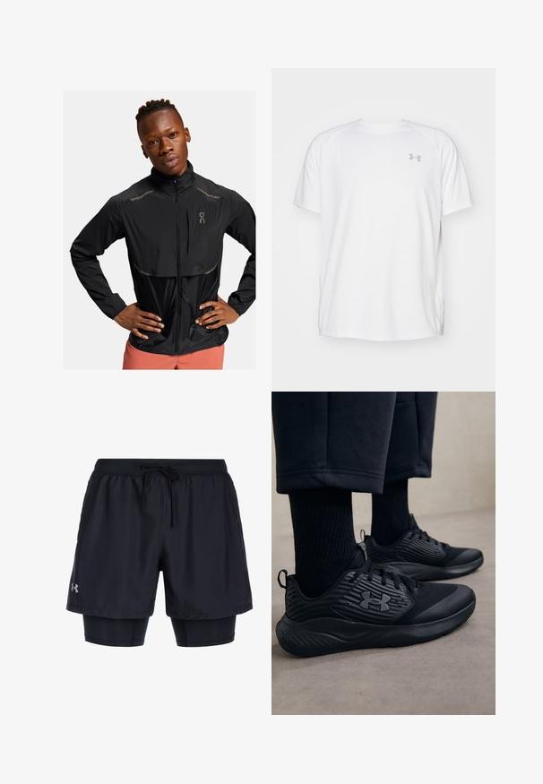 Schwarze, leichte Jacke mit hohem Kragen, Reißverschluss und reflektierenden Akzenten. Strukturierter Stoff mit leichtem Glanz, entworfen für aktive Kleidung.; Weißes kurzärmeliges Sportshirt aus glattem Material. Mit Rundhalsausschnitt und grauem Logo auf der linken Brust, sowie seitlichen Schlitzen am Saum.; Schwarze Sportshorts mit einem elastischen Bund und Kordelzug, ausgestattet mit einer inneren, enganliegenden Schicht und dem Under Armour-Logo an der Seite.; Person in schwarzen Sport Sneakers mit strukturierten Seiten und Logo, kombiniert mit schwarzen Socken und kürzeren Hosen auf einem hellen Boden.