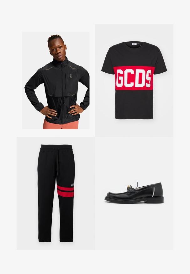 Veste légère noire avec un col haut, fermeture éclair à l'avant et accents réfléchissants. Tissu texturé et léger éclat, conçue pour le sportswear.; GCDS BAND LOGO REGULAR - T-shirt imprimé - black; Pantalons de survêtement noirs avec des rayures rouges contrastantes et un logo sur le côté. Comprend une taille élastique avec cordon de serrage et des poignets ajustés.; Mocassin en cuir noir avec un bout arrondi, des accents blancs et des détails en or sur le dessus. Présente un empiècement texturé et un talon empilé.