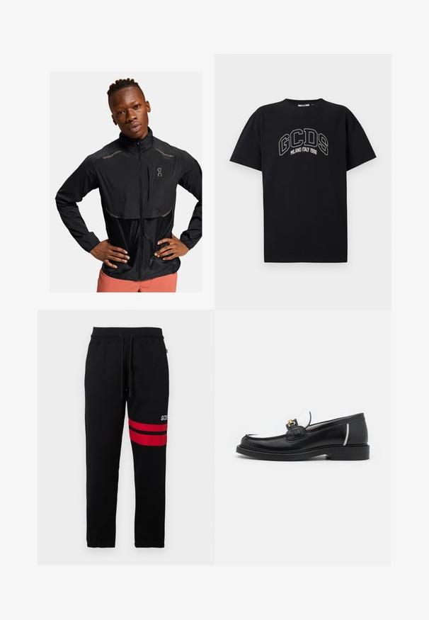 Melnas vieglas jakas ar augstu apkakli, rāvējslēdzēju priekšā un atstarojošiem akcentiem. Teksturēta auduma un nedaudz spīdīga, paredzēta aktīvai valkāšanai.; Melna kokvilnas T-krekls ar īsām piedurknēm. Iezīmēts ar balto GCDS logo un tekstu "MILANO ITALY 1988" arkā. Standarta piegriezums un apaļa kakla izgriezums.; Melni treniņbikses ar kontrastējošām sarkanām svītrām un logotipu sānos. Iekļauj elastīgu jostasvietu ar auklu un sašaurinātas potītes.; Melnas ādas loferes ar noapaļotu purngalu, baltajiem akcentiem un zeltainām detaļām uz vamp. Iespējams, teksturēts pleksis un sakrauta papēža.