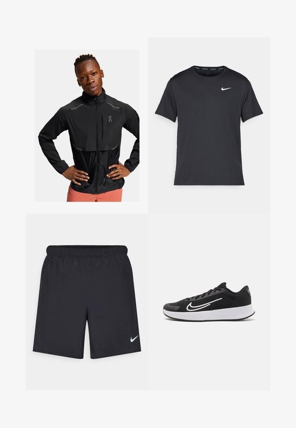Black lightweight jacket with a high collar, zip front, and reflective accents. Textured fabric and slight sheen, designed for active wear.; Black Nike running T-shirt made of lightweight, breathable material, featuring short sleeves and a small white logo on the chest.; Black athletic shorts made of lightweight material with an elastic waistband. Features a small white Nike logo on the lower left side.; Black athletic shoes with a mesh upper, white logo and accents, a cushioned sole, and textured rubber outsole for grip.