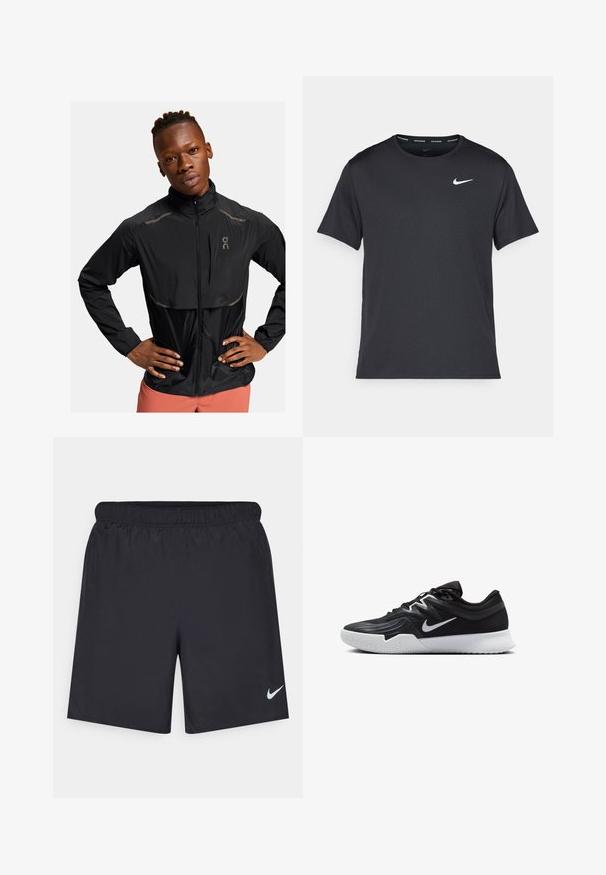 Veste légère noire avec un col haut, fermeture éclair à l'avant et accents réfléchissants. Tissu texturé et léger éclat, conçue pour le sportswear.; T-shirt de course noir Nike en matériau léger et respirant, avec des manches courtes et un petit logo blanc sur la poitrine.; Shorts de sport noirs en matériau léger avec une taille élastique. Présente un petit logo Nike blanc sur le bas du côté gauche.; Chaussure de sport noire avec une tige texturée, un swoosh blanc de Nike et une semelle extérieure en caoutchouc blanc. Elle présente un design à lacets et une forme dynamique.