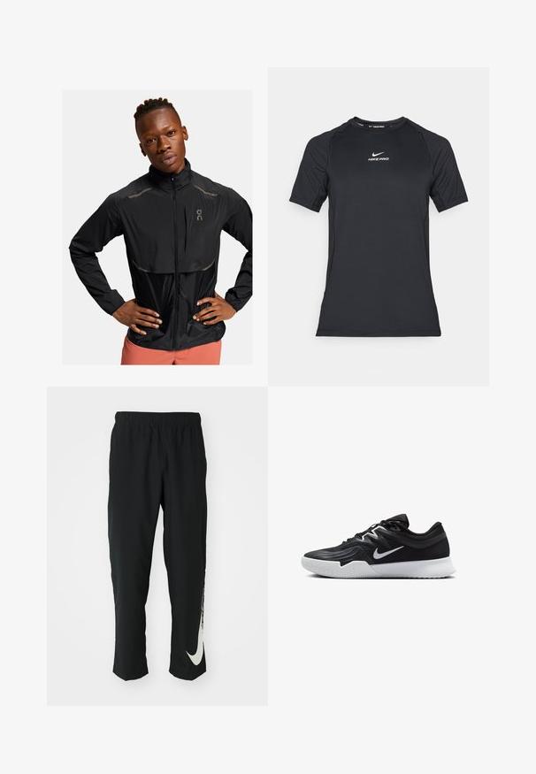 Juodas lengvas džemperis su aukštu apykakle, užtrauktuku priekyje ir atspindinčiomis detalėmis. Tekstūruotas audinys su šiek tiek blizgesio, skirtas aktyviam dėvėjimui.; Juodas trumpomis rankovėmis Nike Pro sportinis kompresinis marškinėlis su baltu Nike logotipu, esančiu centre krūtinės.; Juodos sportinės kelnės su elastingu juosmeniu, siaurėjančiu dizainu ir dideliu baltu Nike logotipu ant kairiojo kojos. Minkšta, lengva medžiaga.; Juodos sportinės bateliai su tekstūruota viršutine dalimi, balta Nike swoosh ir balta gumine išorine dalimi. Yra su raištelių užsegimo dizainu ir dinamine forma.