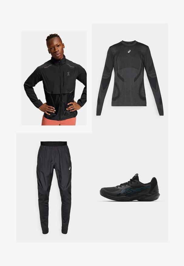 Zwarte lichtgewicht jas met een hoge kraag, ritsvoorzijde en reflecterende accenten. Gestructureerde stof met een lichte glans, ontworpen voor actieve kleding.; Langarm atletisch T-shirt in donkergrijs, met textuuraccenten in lichter grijs. Ronde halslijn met logo op de borst.; Zwarte sportbroek met een rekbare tailleband, zijzakken en contrasterende textuurpanelen op de benen. Asics-logo op de heup.; ASICS SOLUTION SPEED FF 3 CLAY - Tennisschoenen voor kleibanen - black/prism blue