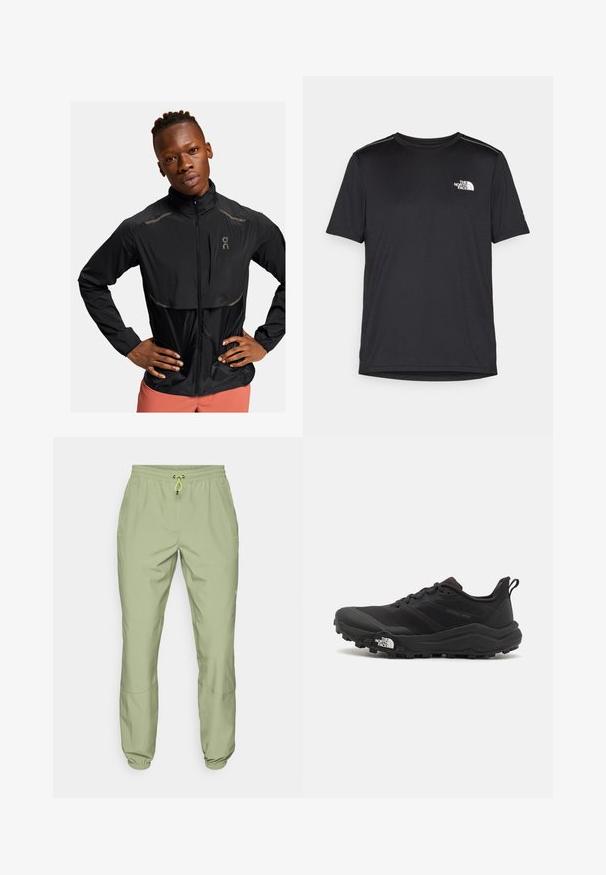 Black lightweight jacket with a high collar, zip front, and reflective accents. Textured fabric and slight sheen, designed for active wear.; Black short-sleeve T-shirt made from lightweight fabric. Features a small white logo on the left chest and subtle shoulder accents.; Light green athletic pants with an elastic waistband, drawstring closure, and ankle cuffs; features two side pockets and a smooth texture.; Black trail running shoe with a textured upper, rubber sole, and reinforced toe cap. Features a padded collar and pull tab for easy wear.