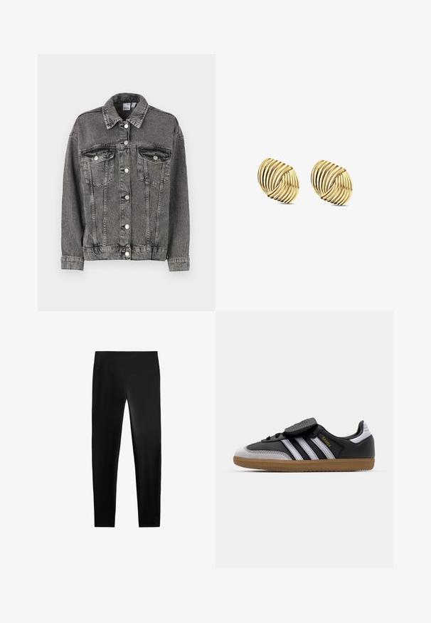 Črna denimska jakna s ovratnikom, dvema prsoma žepoma in gumbi za zapiranje. Ima rahlo obrabljen videz in sproščen kroj.; Temno siva, teksturirana pulover s dolgimi rokavi, v kombinaciji s temno modrimi širokimi kavbojkami in črnimi čevlji na blok petah, prikazan zadaj.; Črne legice iz raztegljive tkanine, z visokim pasom, oprijeto oblikovanje in gladko teksturo, brez vidnih vzorcev ali okrasnih elementov.; Črne usnjene in sive semiš teniske z belimi črtami, gumijastim podplatom, vezanjem spredaj in Velcro trakovi. Vsebuje "Samba" blagovno znamko v zlati barvi.; Zlate naglavne uhane z spiralo obliko in slojevitimi krivuljami, ki se ponašajo z metalnim zaključkom in gladko teksturo za vizualno globino.