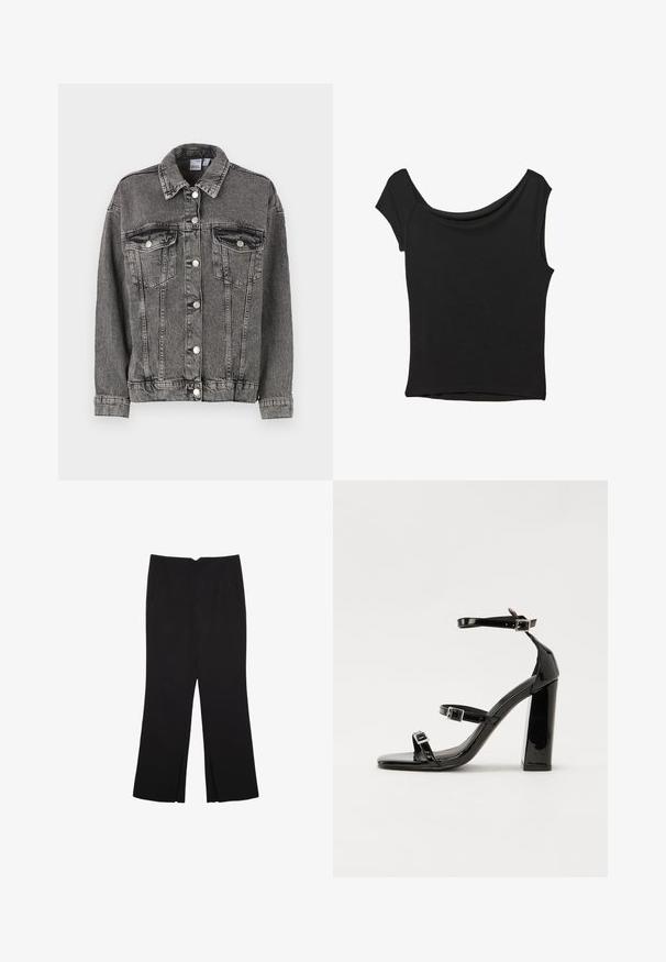 Crna traper jakna s ovratnikom, dva džepa na prsima i dugmadi. Ima blago istrošen izgled i opušteni kroj.; Crna majica kratkih rukava od glatkog materijala; ima drapirani izrez i asimetrični donji rub, uz prilagođeni kroj tijela.; Crne hlače ravnog kroja, s prednjim džepovima i bočnim prorezima na rubu. Izrađene od mekog i glatkog materijala. Pogodne za razne prigode.; Crne lakirane sandale na pete sa kvadratnim nosom, trakama oko gležnja i srebrnim kopčama. Imaju čvrst blok petu za stabilnost.