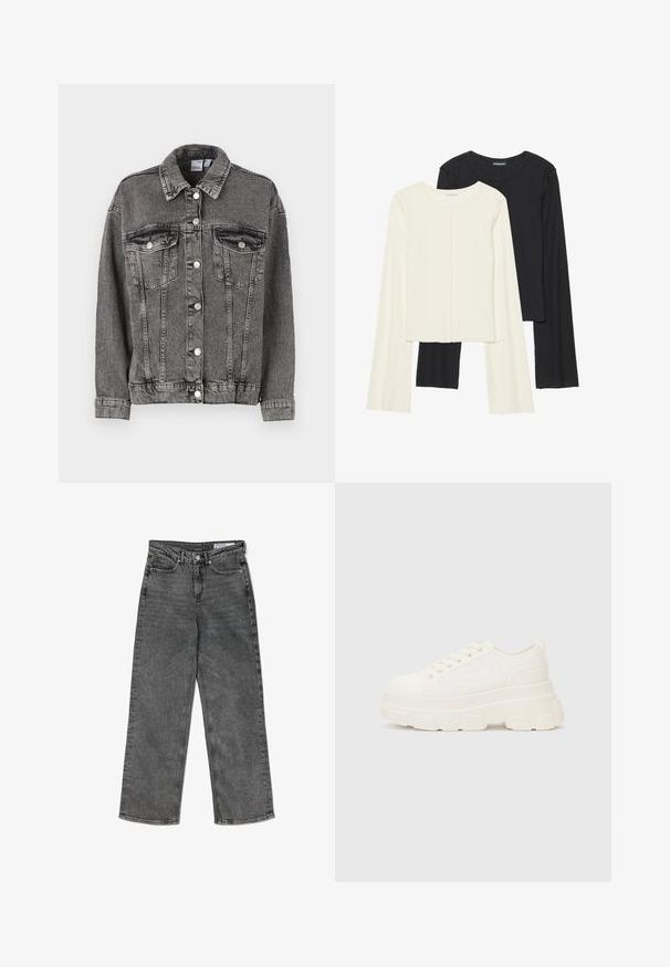 Μαύρο τζάκετ από τζιν με κολάρο, δύο τσέπες στο στήθος και κουμπιά. Διαθέτει ελαφρώς φθαρμένη υφή και χαλαρή εφαρμογή.; Σέτ δύο μακρυμάνικων μπλουζών σε λευκό και μαύρο. Ριπ υφή, στρογγυλή λαιμόκοψη, εφαρμοστή γραμμή με ελαφρώς φαρδιές μανίκες.; Μαύρο ψηλόμεσο τζιν με ίσια γραμμή, ξεπλυμένο, διαθέτει μπροστινές τσέπες, θηλιές ζώνης, κλείσιμο με κουμπί και εσωτερική ετικέτα με λογότυπο.; Λευκό καμβαδωτό παπούτσι με χοντρή σόλα, στρογγυλή μύτη και πέντε θηλιές για κορδόνια. Πίσω λωρίδα για εύκολη εφαρμογή. Λείο υφή, μινιμαλιστικός σχεδιασμός.