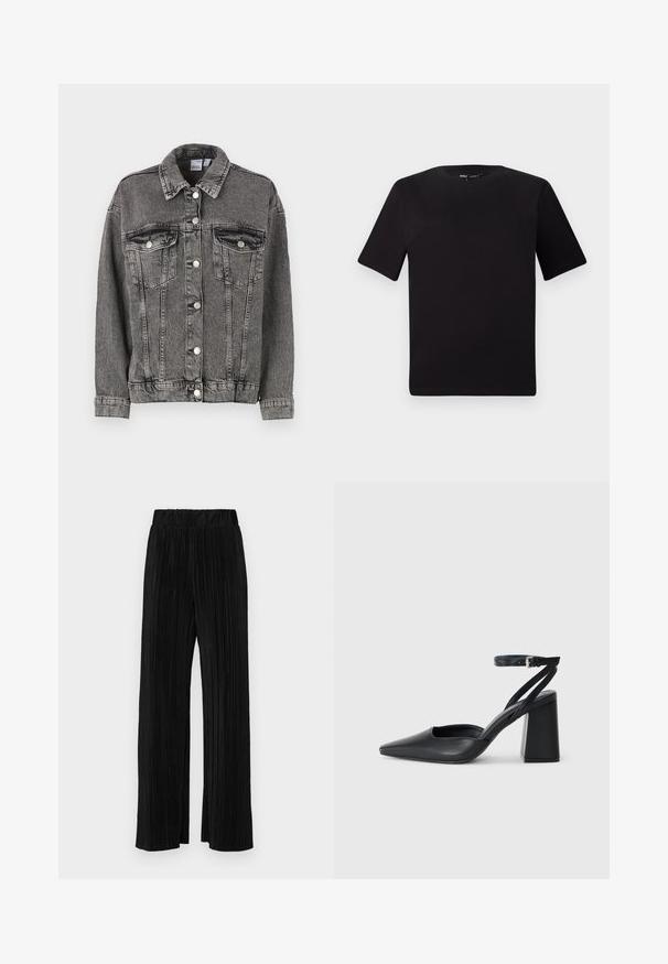 Crna traper jakna s ovratnikom, dva džepa na prsima i dugmadi. Ima blago istrošen izgled i opušteni kroj.; Crna majica kratkih rukava s okruglim izrezom, izrađena od mekane pamučne tkanine. Jednostavan dizajn, bez vidljivih logotipa ili uzoraka.; Crne plisirane hlače s elastičnim pojasom. Imaju široke nogavice i glatku, teksturiranu tkaninu s vertikalnim prugama.; Crne kožne cipele s špicastim vrhom, remenom oko gležnja i debelim potplatom. Ravna tekstura, elegantan dizajn i minimalistička estetika.