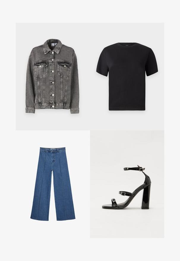 Svart denimjacka med krage, två bröstfickor och knappstängning. Den har en något sliten textur och en avslappnad passform.; Svart kortärmad t-shirt, rund halsringning, gjord av mjuk bomull, slät textur, minimalistisk design utan mönster eller detaljer.; Vidbenade denimjeans i medelblått, med hög midja, knäppning och kontrasterande vertikala sömdetaljer längst fram.; Svarta lackerade högklackade sandaler med två spännband, fyrkantig tå och en tjock klack, med en slät och glansig yta.