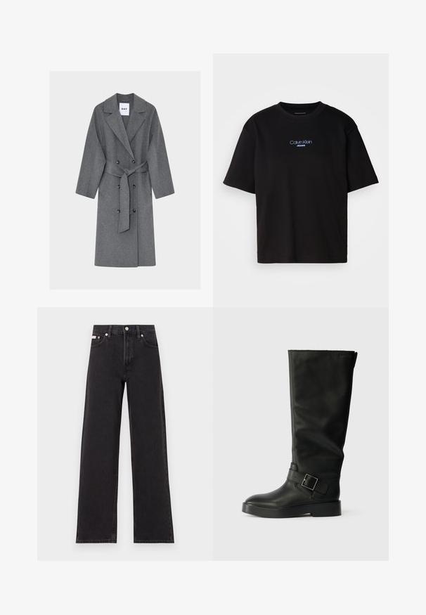 Gray wool coat with a double-breasted front, large lapels, belted waist, and long sleeves. Features two large buttons and a smooth texture.; Black cotton t-shirt with a round neck, short sleeves, and blue embroidered "Calvin Klein JEANS" logo on the front.; Black wide-leg jeans made of denim, featuring a high-rise waist, five-pocket styling, and a metal button closure with contrasting stitching.; Black knee-high boots made of smooth leather, featuring a rounded toe, a thick sole, and a horizontal strap with a rectangular buckle detail.