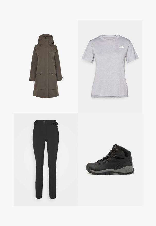 Brun vandafvisende lang frakke med hætte, der har lynlåslommer i siderne og justerbare manchetter, lavet af glat, holdbart materiale.; Grå kortærmet T-shirt lavet af blødt, fugttransporterende materiale. Har en rund hals og et lille hvidt logo øverst til venstre.; Sorte, tætsiddende bukser lavet af et fleksibelt materiale. Funktioner inkluderer en lynlåslomme i siden, artikulerede knæ og en glat tekstur.; Sort vandrestøvle med en mellem-højde design, der har en tekstureret overdel, grå detaljer og en holdbar gummisål med skridsikre klodser.