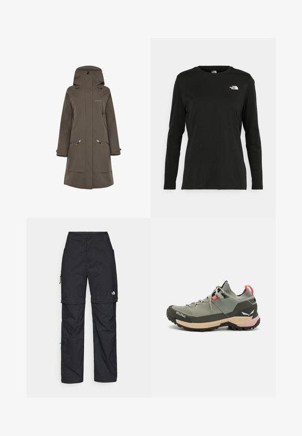 Rjavi vodoodporni dolg plašč s kapuco, z zadrgljivimi stranskimi žeparji in nastavljivimi manšetami, izdelan iz gladkega, trpežnega materiala.; Črna majica z dolgimi rokavi iz bombaža z okroglo izrezom. Ima majhen bel logotip na levem prsnem delu. Enostaven dizajn in prileganje.; Črne najlon hlače z zipom, ki se lahko odstranijo, s prilagodljivimi manšetami, več žepi in logotipom na desni nogi. Gladka, lahka tekstura.; Lahki zeleni pohodniki z mrežnimi in gumijastimi materiali, črn zunanjim delom za oprijem, roza in oranžnimi detajli ter ojačanim prstnim delom.