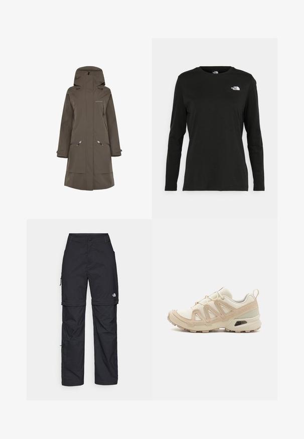 Manteau long imperméable marron avec capuche, doté de poches latérales zippées et de poignets réglables, fabriqué en matériau lisse et durable.; T-shirt noir à manches longues en coton avec un col rond. Présente un petit logo blanc sur la partie gauche de la poitrine. Design et coupe simples.; Pantalons cargo en nylon noir, à zip amovible, avec chevilles ajustables, plusieurs poches et un logo sur la jambe droite. Texture lisse et légère.; Baskets de sport beiges et crème avec une tige en mesh texturé, des superpositions de soutien et une semelle en caoutchouc dotée d'un motif de crampons pour une traction.