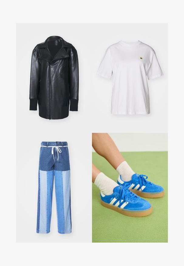 Black leather jacket with a front zipper, large lapels, and ribbed cuffs. Includes two side pockets and a minimalist design.; White cotton t-shirt with a relaxed fit, short sleeves, and a small embroidered logo on the left chest area.; Blue denim pants featuring a patchwork design with varying shades of blue, a drawstring waist, and loose, straight-cut legs.; Blue suede sneakers with white stripes, gum sole, round toe, and fabric laces. Paired with cream socks on a green surface.