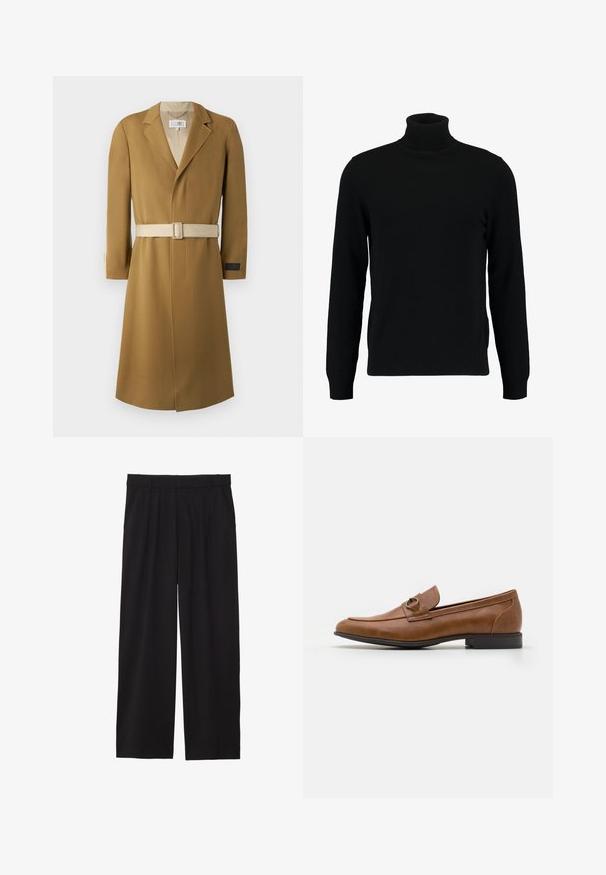 Langer, taillierter Mantel in Camelfarben. Hergestellt aus strukturiertem Stoff mit einem Reverskragen und einem beigen Gürtel. Besitzt ein Etikett am Ärmel für das Branding.; Schwarzer Rollkragenpullover aus weichem Strickmaterial. Mit langen Ärmeln, geripptem Kragen und Saum. Schlichtes, elegantes Design ohne Muster.; Schwarze, weite Hose mit gefälteltem Vorderteil, seitlichen Taschen und einer glatten Stoffstruktur. Entworfen für eine entspannte Passform.; Braune Lederloafers mit flachem Absatz, die eine dekorative Metallakzentuiert auf der Vorderseite, ein elegantes Design und eine glatte Textur aufweisen.