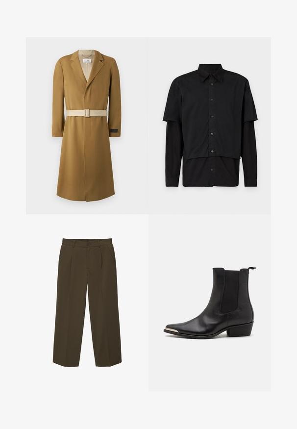 Dlouhý kabát s páskem v barvě velbloudí. Vyrobeno z texturované tkaniny s klopovými límci a béžovým páskem. Na rukávu se nachází štítek s logem.; Černá košile na knoflíky s vrstvenými krátkými a dlouhými rukávy. Vyrobena z bavlny, s klasickým límcem a decentním logem na rameni.; Hnědé volné kalhoty vyrobené z měkké látky, s plochým předním dílem, bočními kapsami a knoflíkovým zavíráním v pase. Jednoduchý design bez vzorů.; Černé kotníkové boty vyrobené z texturované kůže, s špičatou špičkou, elastickými postranními panely, zadním poutkem a nízkým blokovým podpatkem.