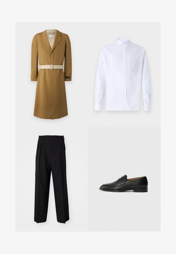 Garšs, jostas apvalks kamieļu krāsā. Izgatavots no teksturēta auduma ar iegrieztu apkakli un bēša jostu. Sleevā ir piekabināta birka ar zīmolu.; Balts garo piedurknēm krekliņš ar pogām, izgatavots no kokvilnas, ar krūšu kabatu ar tonālu izšuvumu, apkakli un pogām pie piedurknēm.; Melnas plisētās bikses ar taisnu, plata kāja dizainu. Izgatavotas no gludas auduma, ar pogu aizdari un jostas cilpiņām.; Melnas ādas loafers ar noapaļotu purngala formu, smalku izšuvumu un zemu papēdi, piedāvājot gludu tekstūru un minimālistisku dizainu.