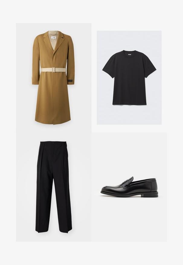 Lang, bæltefrakke i en kamelfarve. Lavet af struktureret stof med en flad krave og beige bælte. Har et mærke på ærmet til branding.; Sort kortærmet t-shirt lavet af bomuld. Har en rund halsudskæring og en afslappet pasform. Enkel design uden synlige mønstre eller accenter.; Sorte plisserede bukser med et lige, bred ben-design. Fremstillet af glat stof, med en knaplukning og bæltesløjfer.; Sorte læderloafers med en glat overflade, rund tå og en dekorativ strop over vampen. Lav hæl med stabeldesign, minimalistisk stil.