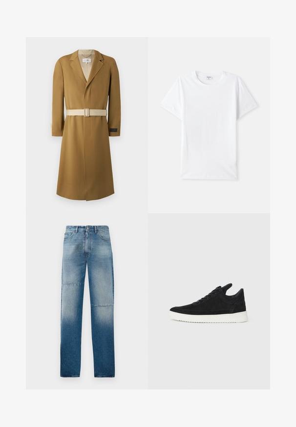 Langer, taillierter Mantel in Camelfarben. Hergestellt aus strukturiertem Stoff mit einem Reverskragen und einem beigen Gürtel. Besitzt ein Etikett am Ärmel für das Branding.; Weißes Baumwoll-T-Shirt, Rundhalsausschnitt, kurze Ärmel, glatte Textur, keine Muster oder Akzente, einfaches Design, normale Passform.; Hellblaue Jeans aus Denim mit geradem Beinschnitt, ausgewaschenem Design und zwei horizontalen Nähten. Verfügt über fünf Taschen und einen Knopfverschluss.; Schwarze Wildleder-Sneaker mit einer weißen Gummisohle, die sich durch elegante Nähte und ein schnürbares Design auszeichnen. Glatte Textur mit einer modernen, stromlinienförmigen Form.