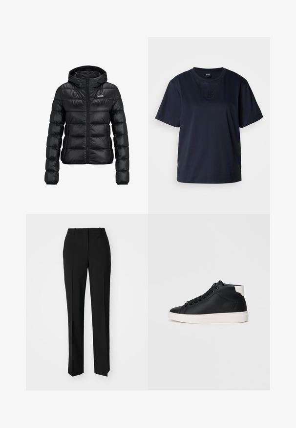 Fekete párnázott dzseki cipzárral és kapucnival. Tűzött mintázattal rendelkezik, és a "HUGO" logó a mellkason található. Fényt visszaverő anyagból készült.; Sötétkék, rövid ujjú póló, puha pamutból készült. Kerek nyakkivágással és egy diszkrét hímzett logóval rendelkezik a mellrészen.; Fekete, testhezálló nadrág egyenes szárú kivitelben, sima textúrával és éles redőkkel az elején. Nincs látható fémalkatrész.; Fekete magas szárú tornacipő sima bőrből, fehér gumi talppal, kerek fűzőkkel, párnázott bokarésszel és kontrasztos sarkú díszítéssel.