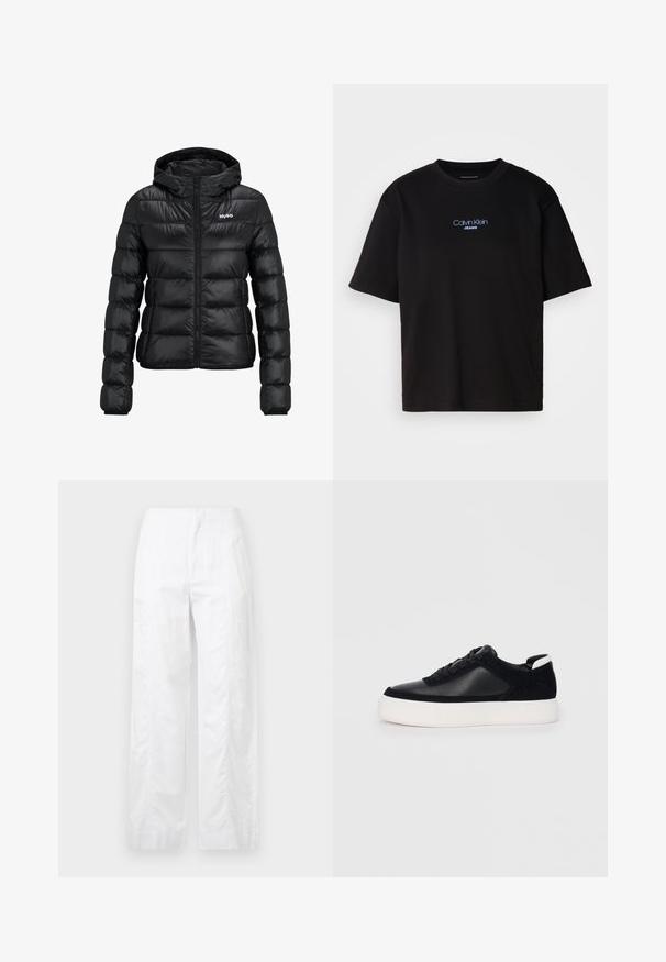 Must must jacket, milledega lukuga ja kapuutsiga. Omab tikanditud disaini ja "HUGO" logo rinnal. Valmistatud läikivast materjalist.; Mustmust särk ümmarguse kaelusega, lühikeste varrukatega ja sinise tikandiga "Calvin Klein JEANS" logo ees.; Valged laiad püksid, mis on valmistatud kergetest materjalidest, omades siledat tekstuuri, puhtaid jooni ja kõrget vöökohta.; Mustad mustad spordijalanõud siledast nahast ja sametist paneelidega, lame nööriga, ümar varvas ja valge kummist tallaga. Erakordne logo kontsas.