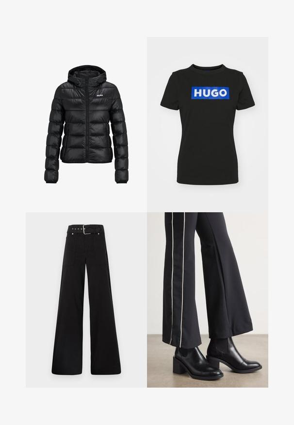 Μαύρο τζάκετ με επένδυση και κλείσιμο με φερμουάρ και κουκούλα. Διαθέτει ανάγλυφο σχέδιο και το λογότυπο "HUGO" στο στήθος. Κατασκευασμένο από γυαλιστερό υλικό.; Μαύρο κοντομάνικο μπλουζάκι από βαμβάκι, με μεγάλη μπλε ορθογώνια εκτύπωση που αναγράφει τη λέξη "HUGO" με λευκά έντονα γράμματα.; Μαύρο παντελόνι με φαρδιά ποδιά φτιαγμένο από βαμβάκι, με ψηλή μέση, μεγάλες πλαϊνές τσέπες και ζώνη με μεταλλικά αξεσουάρ σε ασημί απόχρωση.; Μαύρες δερμάτινες μπότες μέχρι τον ασρό με τετράγωνη φτέρνα, που διαθέτουν ελαστικές πλάγιες ρίγες. Συνδυασμένες με μαύρο παντελόνι που έχει λευκή πλαϊνή ρίγα.