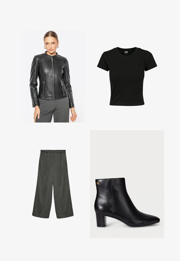 Zwarte leren jas met een hoge kraag, een ritssluiting aan de voorkant en twee zijzakken. Beschikt over getextureerde schouders en geribbelde accenten op de mouwen.; Zwarte kortekorte mouw t-shirt van gladde katoenen stof, met een ronde halslijn en een getailleerde pasvorm. Geen zichtbare patronen of accenten.; Grijze wijde broek met een gestructureerde stof, voorplooien, ceintuurlussen en een rechte snit. Geen zichtbare hardware of zakken.; Zwarte leren enkelboot met een puntige neus en een blokhak. Voorzien van een gouden logo-detail op de achterkant. Gladde textuur met een stijlvolle uitstraling.