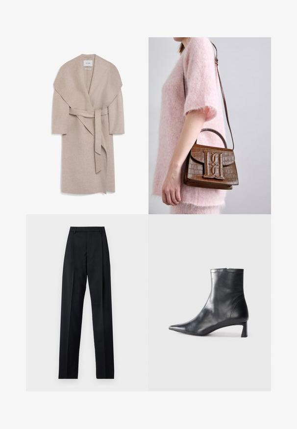 IVY OAK CARRIE ROSE - Klasszikus kabát - light sand; Fekete, rövidített pulóver bolyhos anyagból. Kerek nyakkivágással és hosszú ujjakon puha tapintású. Minimális design, minta nélkül.; Fekete nadrág sima anyagból, magas derékkal, széles lábakkal, elülső redőkkel és klasszikus övhurkokkal. Oldalzsebek nem láthatók.; Fekete bőr bokacsizma hegyes orral és letisztult dizájnnal. Alacsony sarka és hátsó cipzáras záródása van. Simának tűnő textúra.; Barna krokodilbőr mintázatú kézitáska, tetején fogantyúval és vállpánttal. A túloldalán egy hangsúlyos logó található. Puha tapintású.